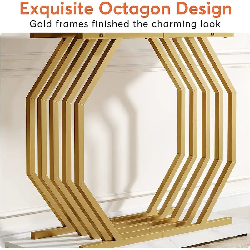 Consolle oro/nero, ripiano effetto marmo, base geometrica in metallo, 101 cm