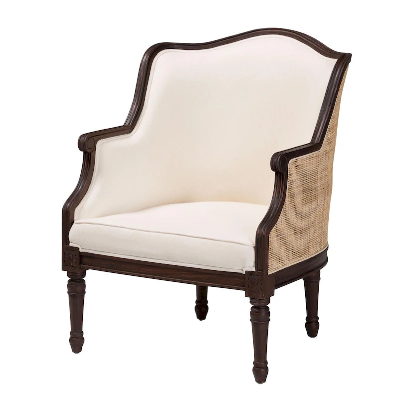 Poltrona Francese Tradizionale con Tessuto Beige e Legno Marrone Scuro, 1 Posto