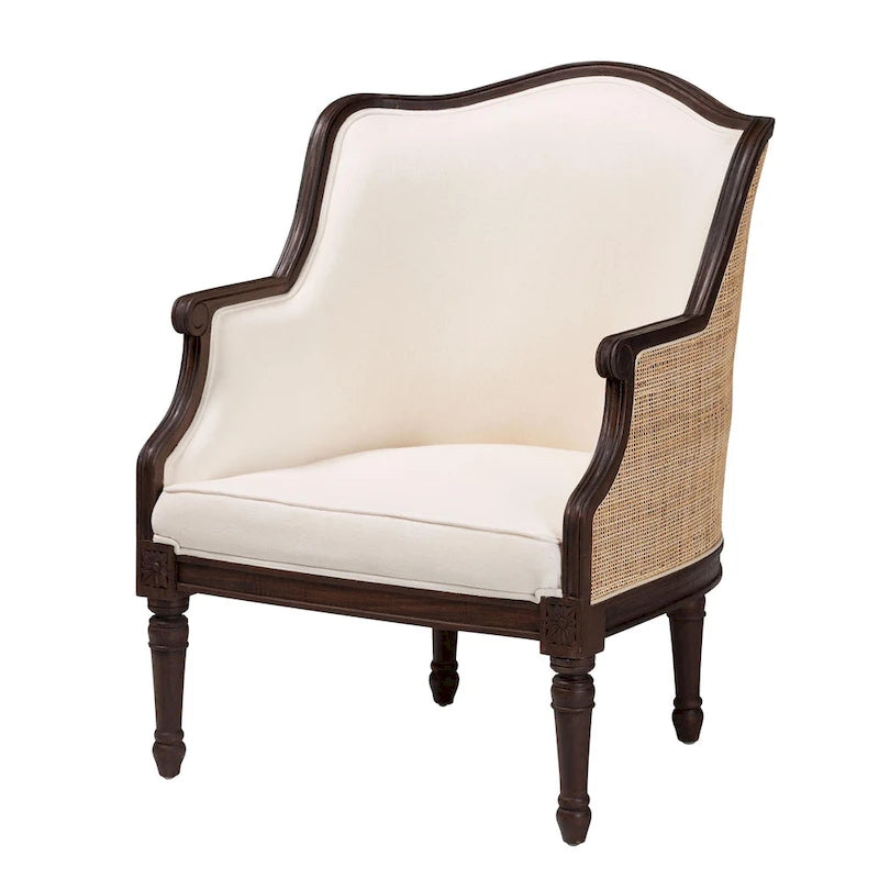 Poltrona Francese Tradizionale con Tessuto Beige e Legno Marrone Scuro, 1 Posto