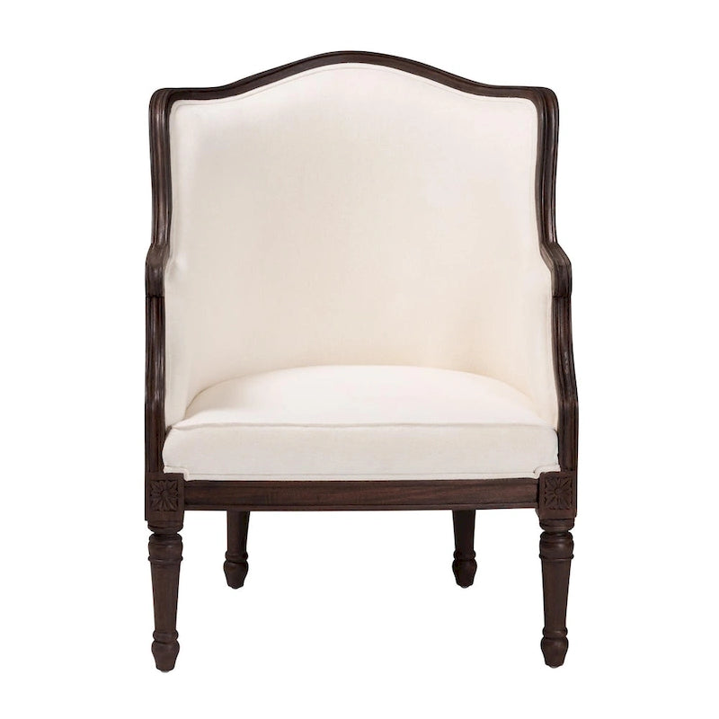 Poltrona Francese Tradizionale con Tessuto Beige e Legno Marrone Scuro, 1 Posto