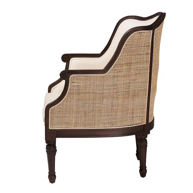 Poltrona Francese Tradizionale con Tessuto Beige e Legno Marrone Scuro, 1 Posto