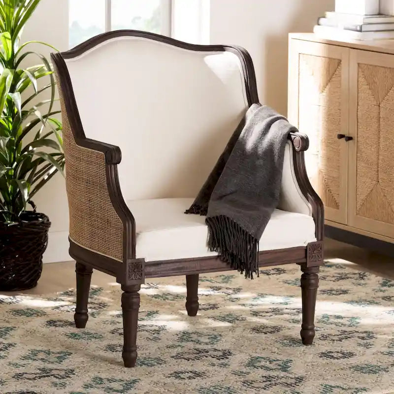 Poltrona Francese Tradizionale con Tessuto Beige e Legno Marrone Scuro, 1 Posto