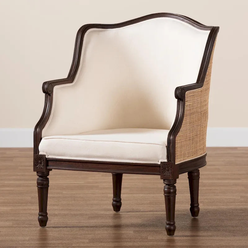 Poltrona Francese Tradizionale con Tessuto Beige e Legno Marrone Scuro, 1 Posto