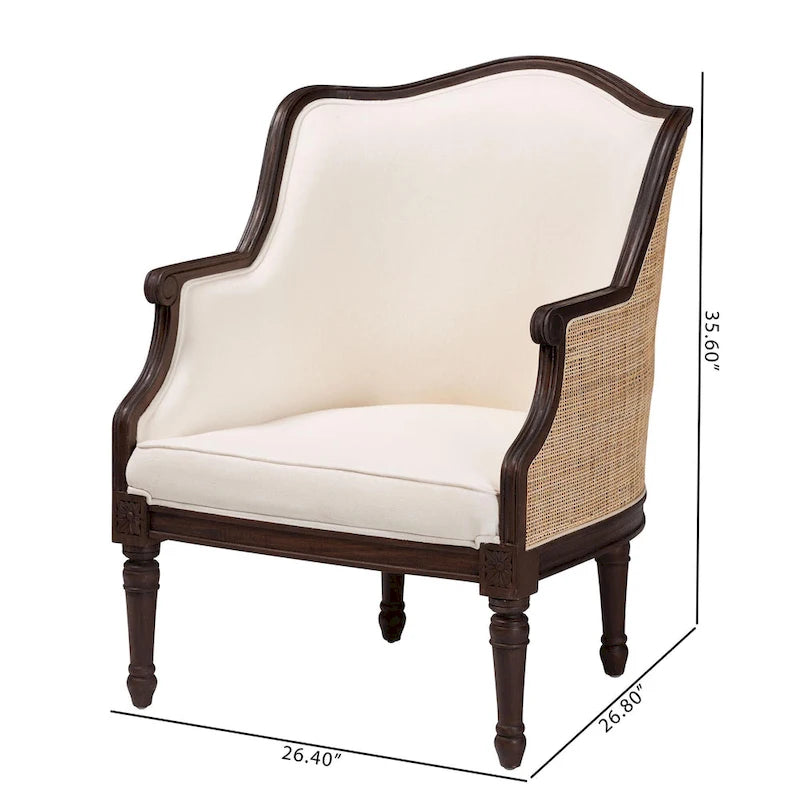 Poltrona Francese Tradizionale con Tessuto Beige e Legno Marrone Scuro, 1 Posto