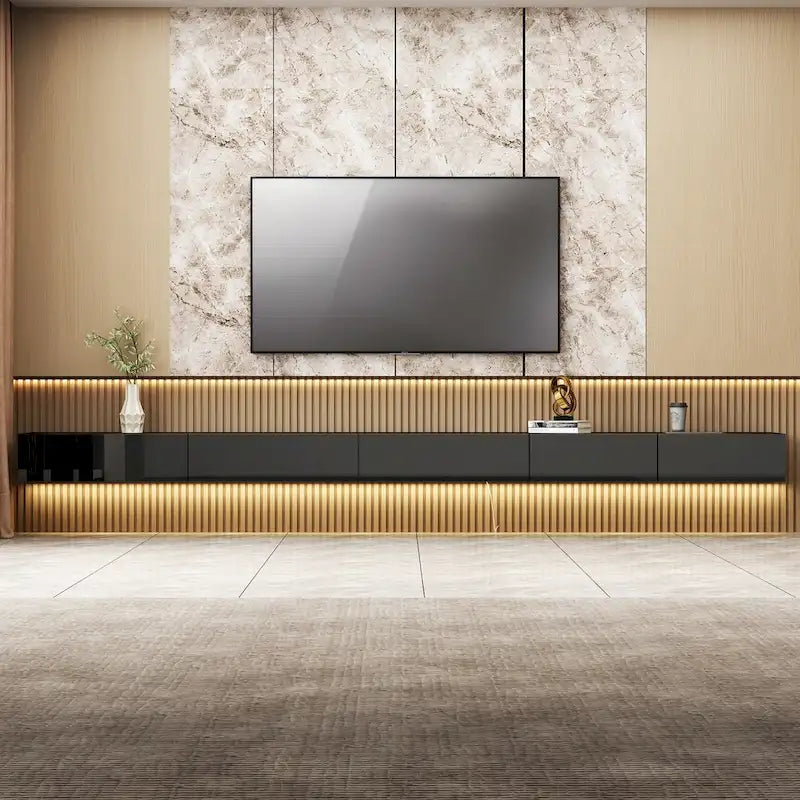 Mobile TV galleggiante a parete nero lucido con luci a LED