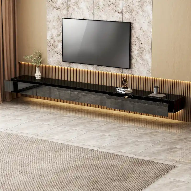Mobile TV galleggiante a parete nero lucido con luci a LED