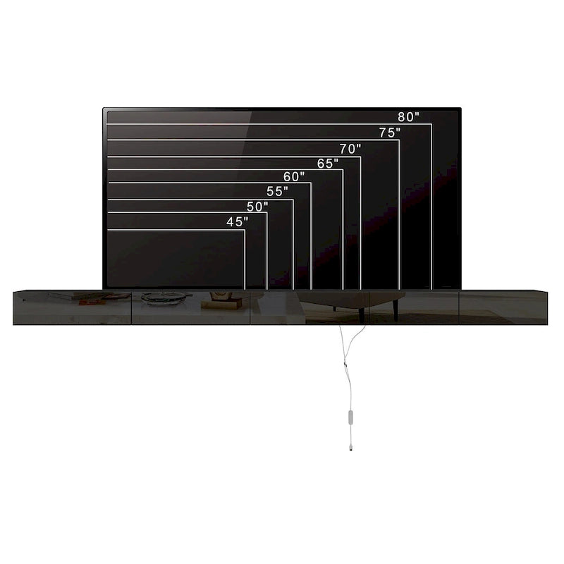 Mobile TV galleggiante a parete nero lucido con luci a LED