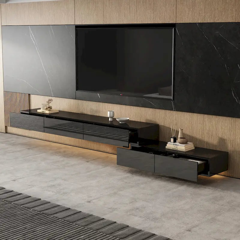 Mobile TV galleggiante a parete nero lucido con luci a LED