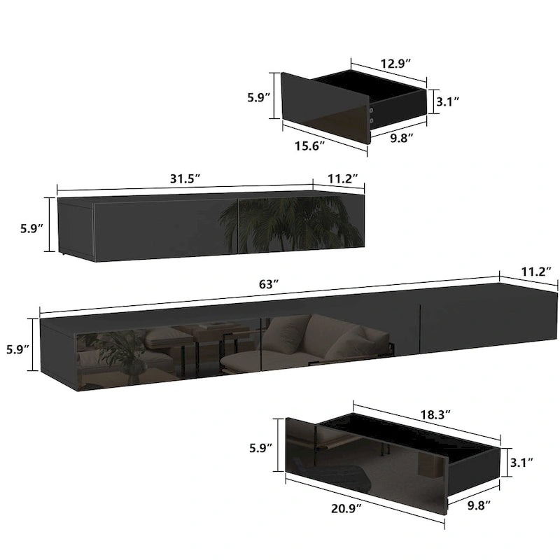 Mobile TV galleggiante a parete nero lucido con luci a LED