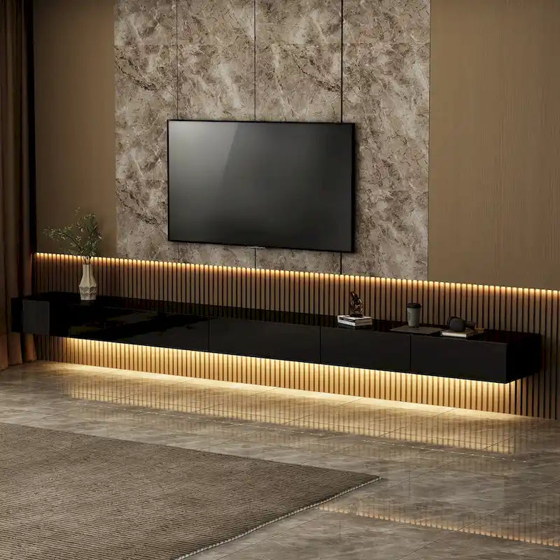Mobile TV galleggiante a parete nero lucido con luci a LED