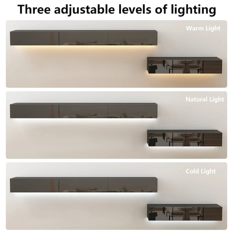 Mobile TV galleggiante a parete nero lucido con luci a LED