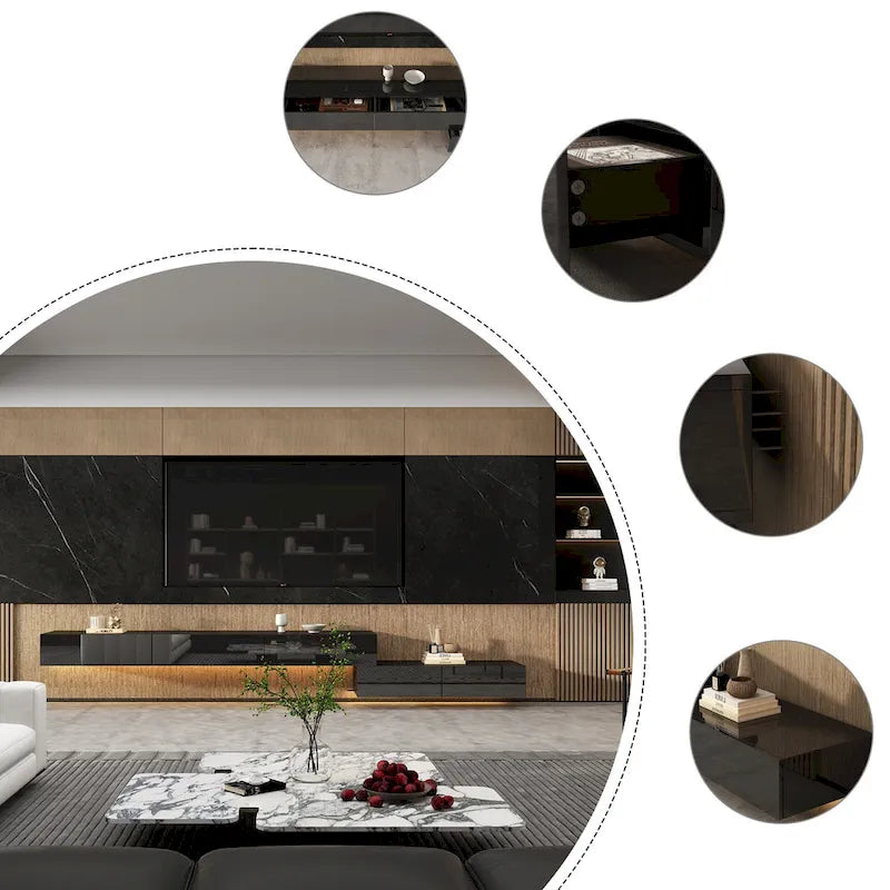 Mobile TV galleggiante a parete nero lucido con luci a LED