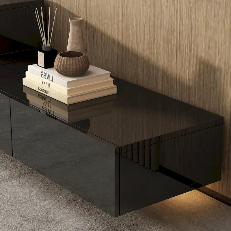 Mobile TV galleggiante a parete nero lucido con luci a LED