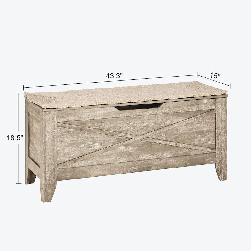 Panca Contenitore, Baule in Legno con Tappetino in Vimini Cerniere di Sicurezza, Panca Scarpa Contenitore Stile Industriale per Ingresso