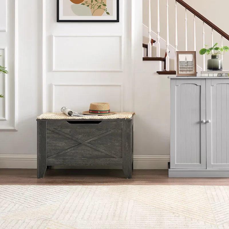 Panca Contenitore, Baule in Legno con Tappetino in Vimini Cerniere di Sicurezza, Panca Scarpa Contenitore Stile Industriale per Ingresso
