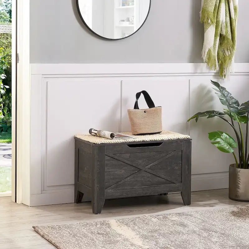 Panca Contenitore, Baule in Legno con Tappetino in Vimini Cerniere di Sicurezza, Panca Scarpa Contenitore Stile Industriale per Ingresso