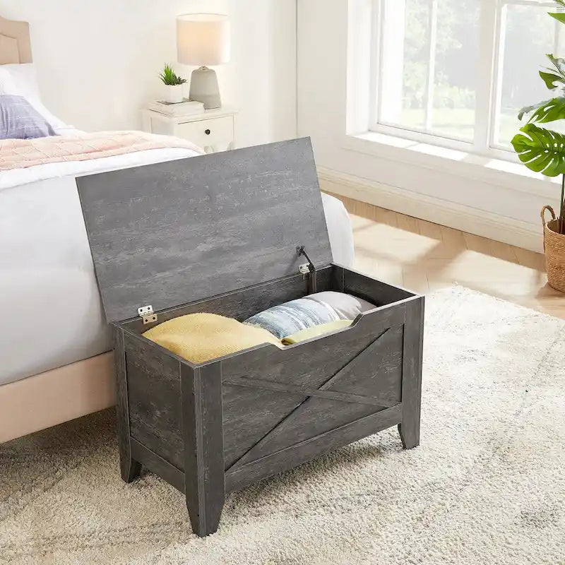Panca Contenitore, Baule in Legno con Tappetino in Vimini Cerniere di Sicurezza, Panca Scarpa Contenitore Stile Industriale per Ingresso
