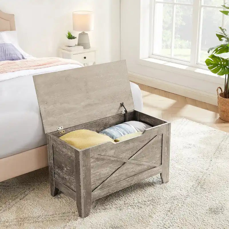 Panca Contenitore, Baule in Legno con Tappetino in Vimini Cerniere di Sicurezza, Panca Scarpa Contenitore Stile Industriale per Ingresso