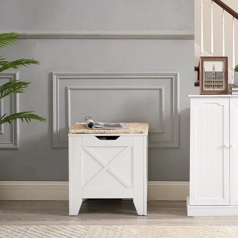 Panca Contenitore, Baule in Legno con Tappetino in Vimini Cerniere di Sicurezza, Panca Scarpa Contenitore Stile Industriale per Ingresso