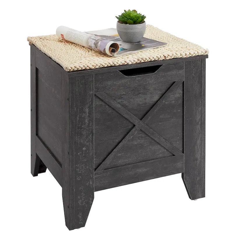 Panca Contenitore, Baule in Legno con Tappetino in Vimini Cerniere di Sicurezza, Panca Scarpa Contenitore Stile Industriale per Ingresso