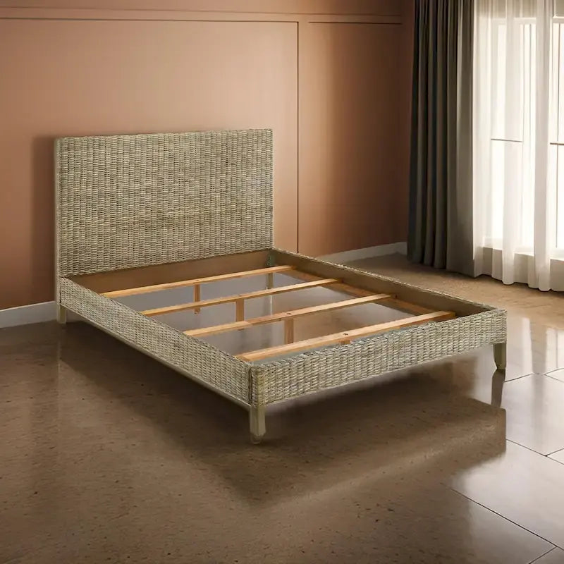 Letto a pannelli intrecciati in rattan King Size, grigio, 1 posto