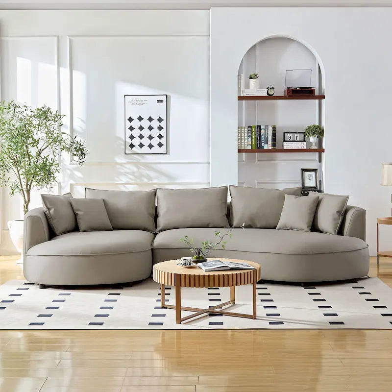 Divano sezionale curvo in ecopelle arancione/grigio, lato sinistro/destro, 5 posti