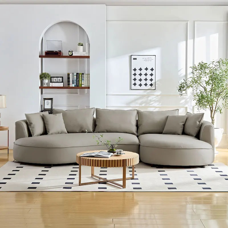 Divano sezionale curvo in ecopelle arancione/grigio, lato sinistro/destro, 5 posti