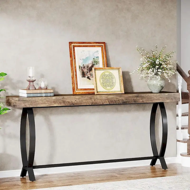 Tavolo Consolle con piano in legno marrone, Tavolo da Divano stretto, per 1 persona