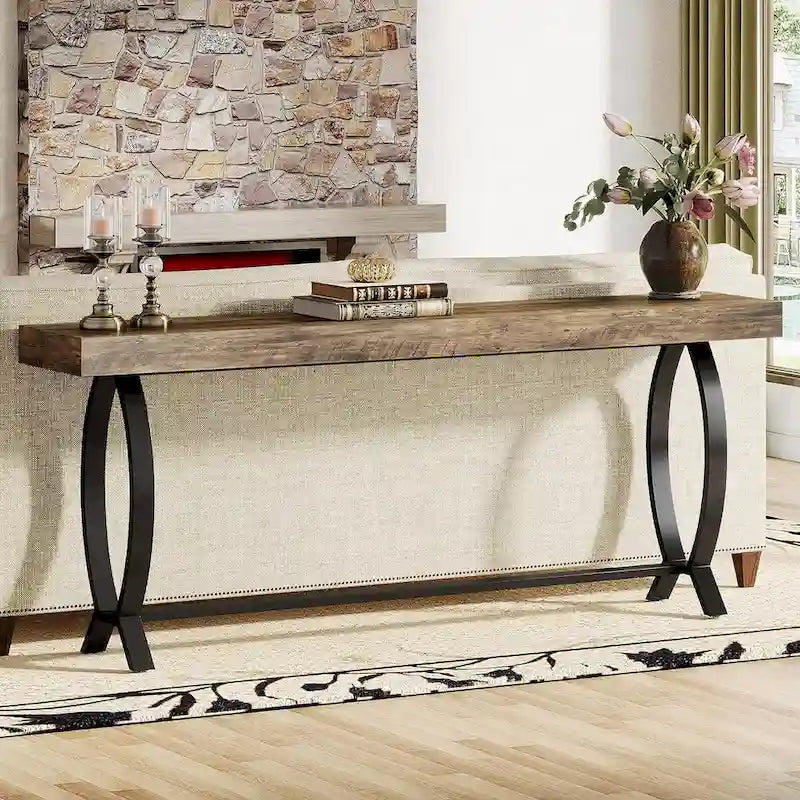 Tavolo Consolle con piano in legno marrone, Tavolo da Divano stretto, per 1 persona