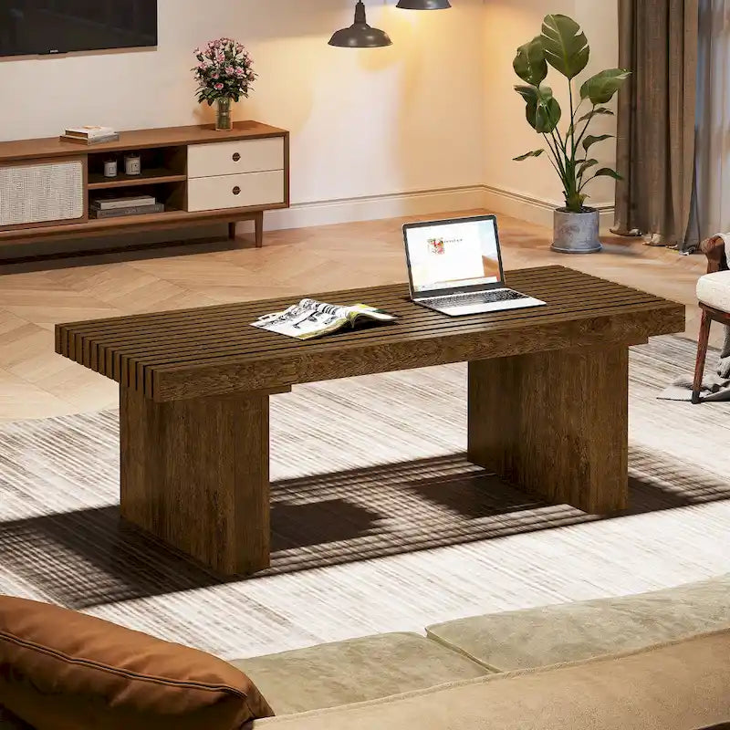 Tavolino rettangolare marrone con piano a doghe, 120 cm L, Posti a sedere 4-6, MDF