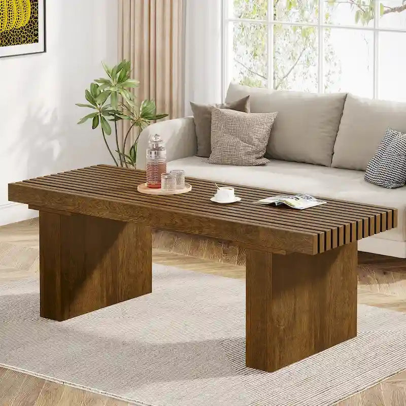 Tavolino rettangolare marrone con piano a doghe, 120 cm L, Posti a sedere 4-6, MDF