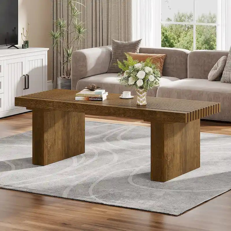 Tavolino rettangolare marrone con piano a doghe, 120 cm L, Posti a sedere 4-6, MDF