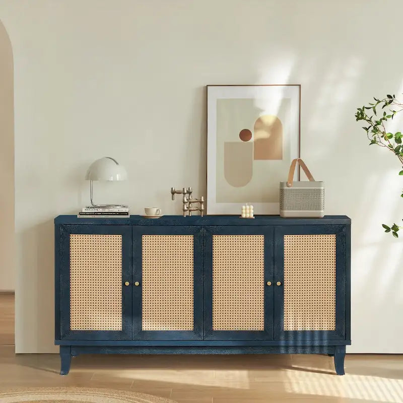 Pannelli di Grano Premium Realizzati a Mano, Mobile Credenza in Rattan, Mobile Contenitore d'Accento, Blu Scuro