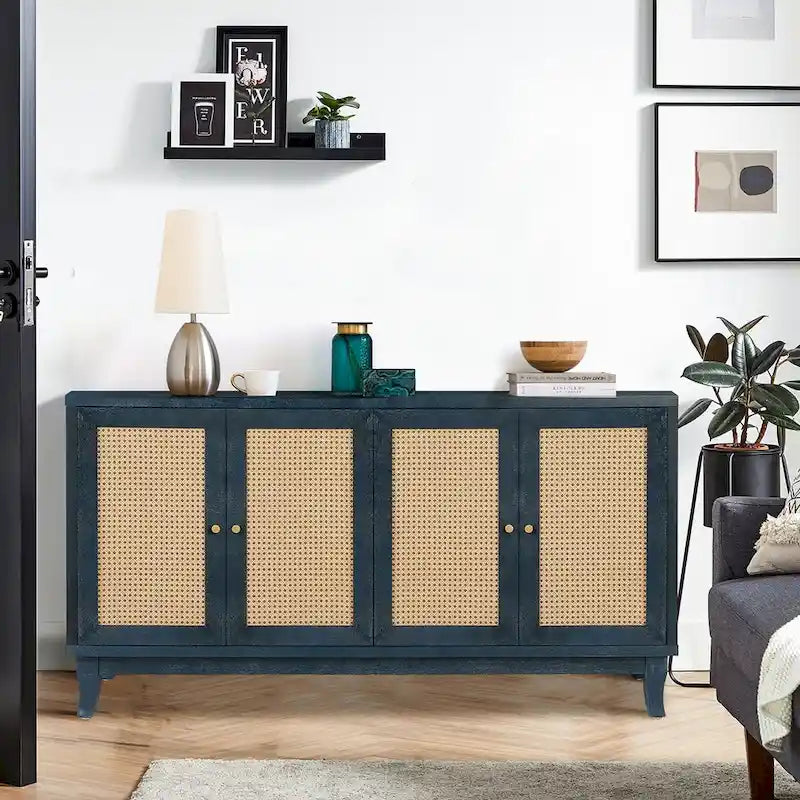 Pannelli di Grano Premium Realizzati a Mano, Mobile Credenza in Rattan, Mobile Contenitore d'Accento, Blu Scuro
