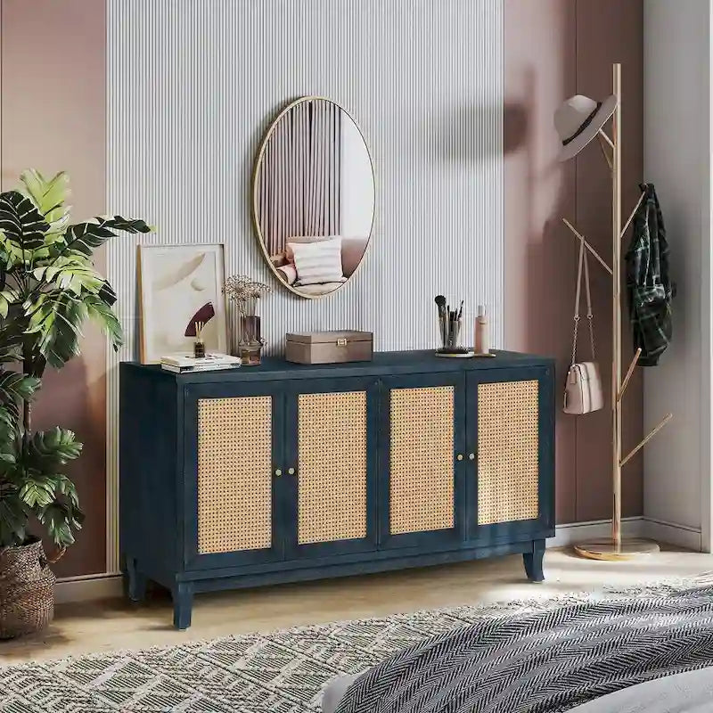 Pannelli di Grano Premium Realizzati a Mano, Mobile Credenza in Rattan, Mobile Contenitore d'Accento, Blu Scuro